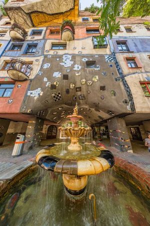 Hundertwasserhaus, Landstraße district, Wien | Vienna, Austria: Fountain, exterior | Fontäne, Außenansicht | Fontän, exteriör (Fisheye lens) Architect Friedensreich Hundertwasser [2016]Lat: 48.207399N, Long: 16.393978E Copyright © All rights reserved. Kristian Adolfsson / www.adolfsson.photo