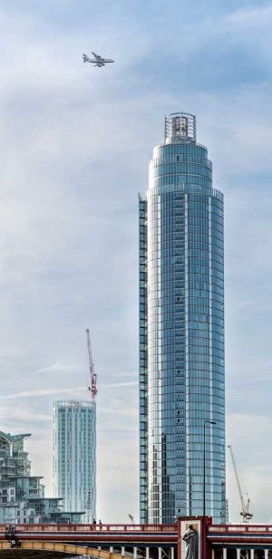 St George Wharf Tower (Vauxhall Tower), London skyline with Airbus A380 airplane, UK [2016]Lat: 51.482639N, Long: 0.132222W Copyright © All rights reserved. Kristian Adolfsson / www.adolfsson.photo